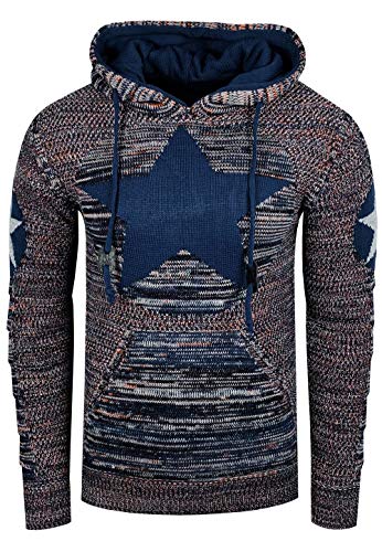 Rusty Neal Herren Kapuzenpullover Streetwear Strick Pullover mit Stern Front Design und Ausgefallenem Arm Design Slim Knitwear 341, Farbe:Indigo/Grau, Größe S-3XL:L von Rusty Neal