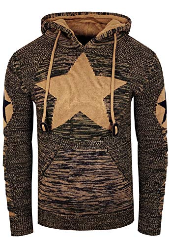 Rusty Neal Herren Kapuzenpullover Streetwear Strick Pullover mit Stern Front Design und Ausgefallenem Arm Design Slim Knitwear 341, Farbe:Khaki/Camel, Größe S-3XL:L von Rusty Neal