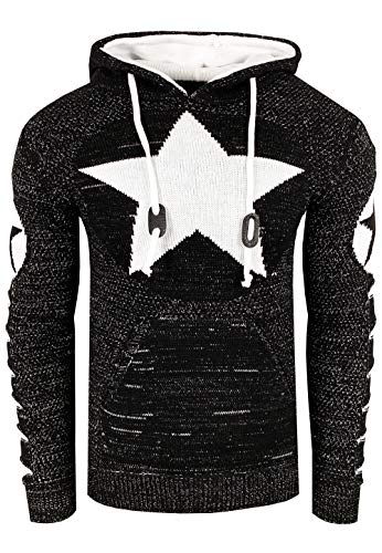 Rusty Neal Herren Kapuzenpullover Streetwear Strick Pullover mit Stern Front Design und Ausgefallenem Arm Design Slim Knitwear 341, Farbe:Schwarz/Weiß, Größe S-3XL:L von Rusty Neal