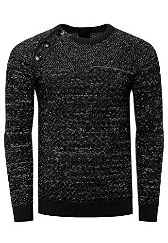 Rusty Neal Herren Pullover Rundhals Strick mit Knopfleiste und Kontrast Bündchen Grobstrick Knitwear 363, Farbe:Schwarz, Größe S-3XL:3XL von Rusty Neal