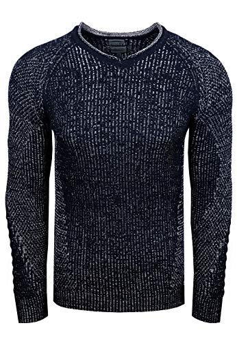 Rusty Neal Herren Pullover Strick Pulli Langarm Rundhals Strickpullover mit ausgefallenem Arm Design im Biker Stil 325, Farbe:Marine, Größe S-XXL:M von Rusty Neal