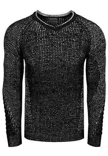 Rusty Neal Herren Pullover Strick Pulli Langarm Rundhals Strickpullover mit ausgefallenem Arm Design im Biker Stil 325, Farbe:Schwarz, Größe S-XXL:XL von Rusty Neal