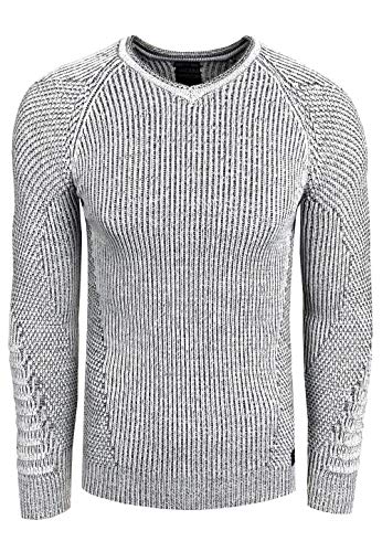 Rusty Neal Herren Pullover Strick Pulli Langarm Rundhals Strickpullover mit ausgefallenem Arm Design im Biker Stil 325, Farbe:Weiß, Größe S-XXL:M von Rusty Neal