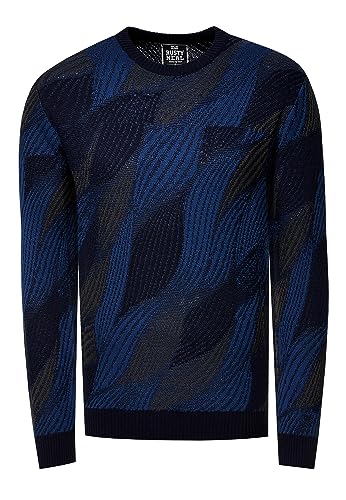 Rusty Neal Herren Rundhalsausschnitt Feinstrick Pullover im Wellen-Design mit Kontrast Farben Relax FIT Strick 445, Farbe:Marine, Größe S-3XL:3XL von Rusty Neal