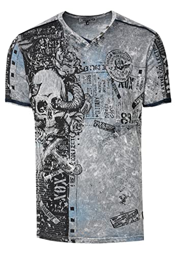 Rusty Neal Herren T-Shirt All Over Skull X Snake X Rose Print Wildleder-Band Knopf-Verzierung V-Neck Stretch Streetwear Used-Look Shirt 293, Farbe:Dunkel Grau, Größe S-3XL:L von Rusty Neal