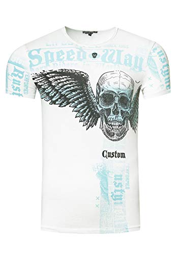 Rusty Neal Herren T-Shirt Flying Skull Front & Back Print Flügel Rundhals Stretch bis 3XL 264, Farbe:Weiß, Größe S-3XL:L von Rusty Neal