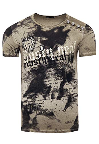 Rusty Neal Herren T-Shirt Front Print Verwaschen mit Knopfleiste 156, Farbe:Khaki, Größe S-3XL:3XL von Rusty Neal