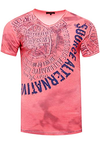 Rusty Neal Herren T-Shirt Original Strass Steinen Besetzter Kurzarm Shirt V-Neck Clubwear 163, Farbe:Koralle, Größe S-3XL:M von Rusty Neal