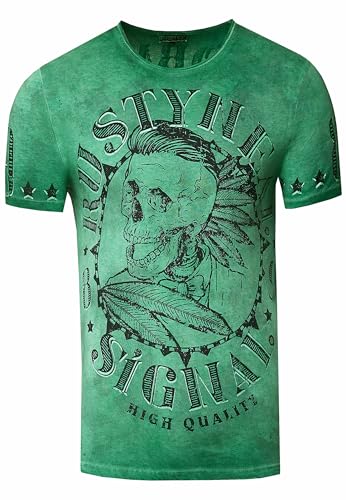 Rusty Neal Herren T-Shirt Skull Totenkopf Verwaschen Total Front Print Rundhals Stretch 260, Farbe:Grün, Größe:L von Rusty Neal