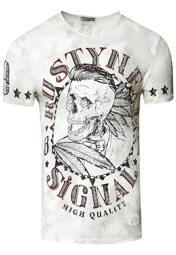 Rusty Neal Herren T-Shirt Skull Totenkopf Verwaschen Total Front Print Rundhals Stretch 260, Farbe:Weiß, Größe:L von Rusty Neal