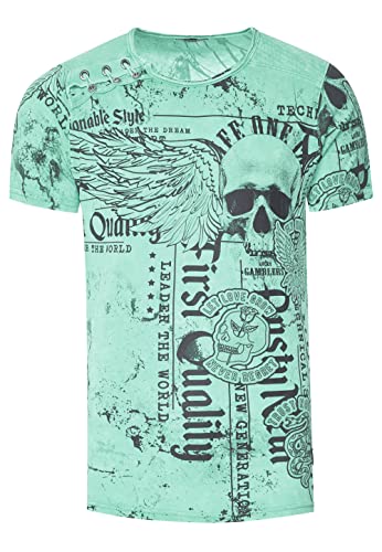 Rusty Neal Herren T-Shirt Verwaschen mit Plakativem Print 'Flying-Skull' Stretch-Shirt Streetwear-Finest mit Seitlicher-Knopfleiste 296, Farbe:Mint, Größe S-3XL:3XL von Rusty Neal