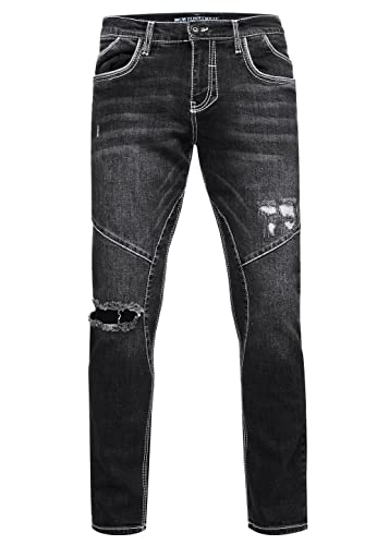 Rusty Neal Jeanshose Herren Jeans 'NISHO' Straight-Fit Stretch Streetwear Biker Jeans-Hose Destroyed Washed Biker-Pants 243, Farbe:Black Used, Größe Jeans L32:34W / 32L von Rusty Neal