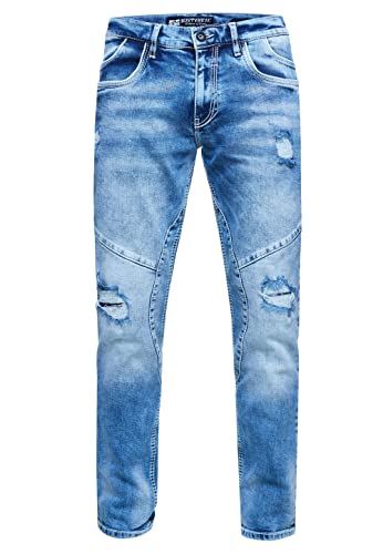 Rusty Neal Jeanshose Herren Jeans 'NISHO' Straight-Fit Stretch Streetwear Biker Jeans-Hose Destroyed Washed Biker-Pants 243, Farbe:Blue Used, Größe Jeans L32:32W / 32L von Rusty Neal