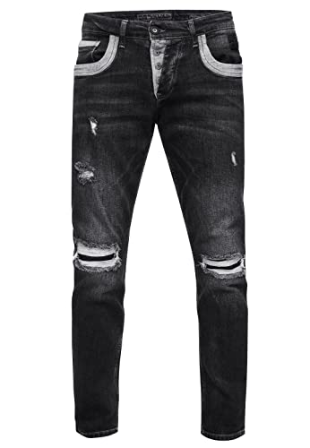 Rusty Neal Jeanshose Herren Jeans Straight Fit Stretch Streetwear 'YOKOTE' Jeans-Hose Stone-Washed Strech Denim Kontrast Destroyed 240, Farbe:Black Used, Größe Jeans L32:34W / 32L von Rusty Neal