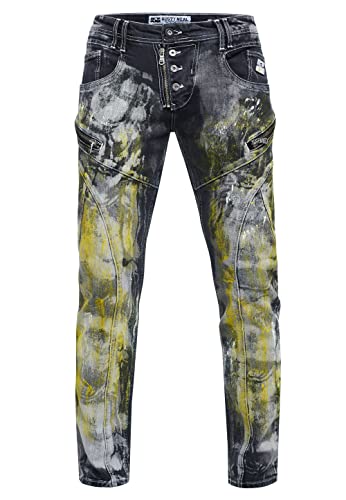 Rusty Neal Jeanshose 'Mori Limited-Edition Stretch Slim Fit Streetwear Jeans Reißverschluss-Design mit Offener Knopfleiste 239, Farbe:Black Used Yellow Washed, Größe Jeans L32:30W / 32L von Rusty Neal