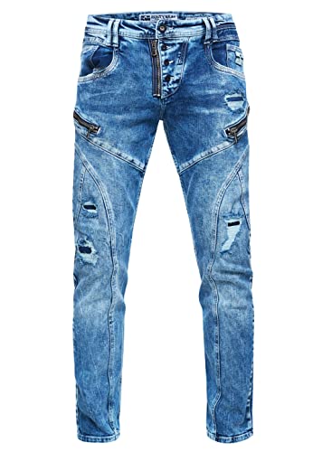 Rusty Neal Jeanshose 'Mori Limited-Edition Stretch Slim Fit Streetwear Jeans Reißverschluss-Design mit Offener Knopfleiste 239, Farbe:Blue Used, Größe Jeans L32:34W / 32L von Rusty Neal