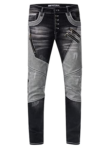 Rusty Neal Jeanshose 'URUMA' Colorblock-Vintage-Used Streetwear Jeans Denim Reißverschluss Offene Knopfleiste Slim-Fit Ultra-Washed 237, Farbe:Black Used, Größe Jeans L32:29W / 32L von Rusty Neal