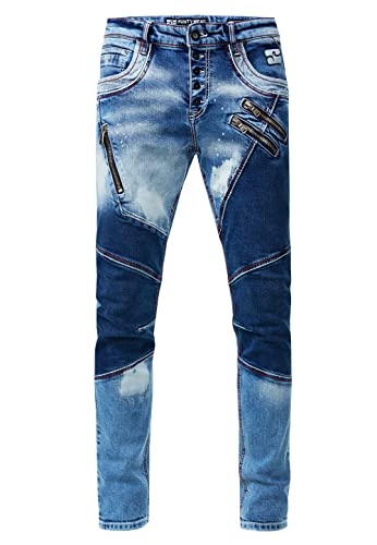 Rusty Neal Jeanshose 'URUMA' Colorblock-Vintage-Used Streetwear Jeans Denim Reißverschluss Offene Knopfleiste Slim-Fit Ultra-Washed 237, Farbe:Blue Used, Größe Jeans L32:29W / 32L von Rusty Neal