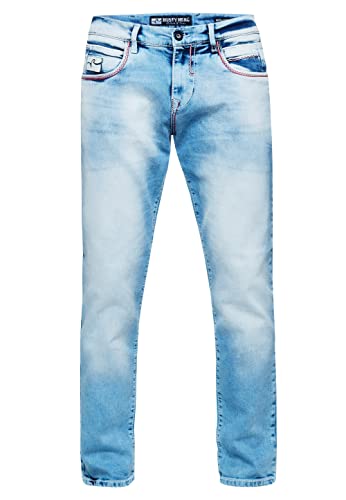 Rusty Neal Kontrastnaht Herren Jeanshose 'TOYAMA' Regular Fit Streetwear Herren-Jeans-Hose L32 Dicke-Naht-Hose Flex 236, Farbe:Light Blue Used, Größe Jeans L32:30W / 32L von Rusty Neal