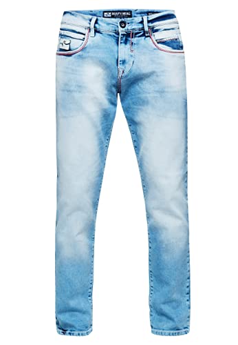 Rusty Neal Kontrastnaht Herren Jeanshose 'TOYAMA' Regular Fit Streetwear Herren-Jeans-Hose L32 Dicke-Naht-Hose Flex 236, Farbe:Light Blue Used, Größe Jeans L32:34W / 32L von Rusty Neal