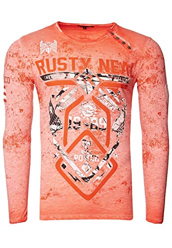 Rusty Neal Langarmshirt für Männer Rundhals Knopfleiste Longsleeve Printed Regular Fit Verwaschen Druck 150, Größe S-XXL:XL, Farbe:Orange von Rusty Neal