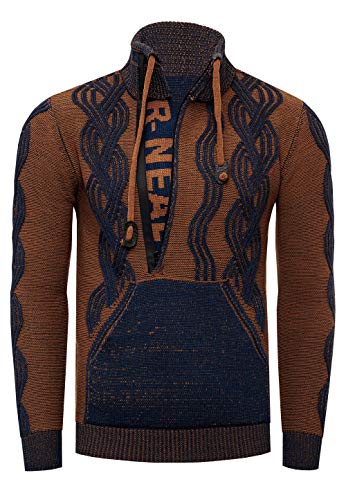 Rusty Neal Stehkragen Herren Pullover im Auffälligem Kontrast Design Strickpullover mit Plakativem Front Logo Reißverschluss 360, Farbe:Blau, Größe S-3XL:XXL von Rusty Neal