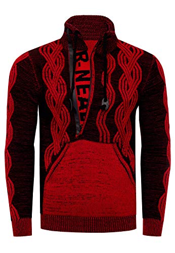 Rusty Neal Stehkragen Herren Pullover im Auffälligem Kontrast Design Strickpullover mit Plakativem Front Logo Reißverschluss 360, Farbe:Rot/Schwarz, Größe S-3XL:L von Rusty Neal