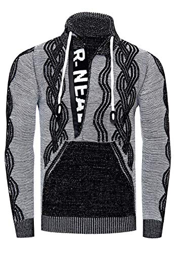 Rusty Neal Stehkragen Herren Pullover im Auffälligem Kontrast Design Strickpullover mit Plakativem Front Logo Reißverschluss 360, Farbe:Schwarz, Größe S-3XL:XL von Rusty Neal