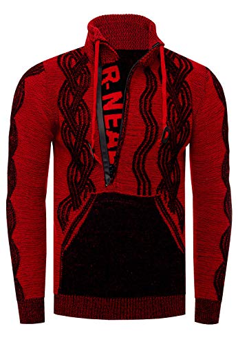 Rusty Neal Stehkragen Herren Pullover im Auffälligem Kontrast Design Strickpullover mit Plakativem Front Logo Reißverschluss 360, Farbe:Schwarz/Rot, Größe S-3XL:L von Rusty Neal