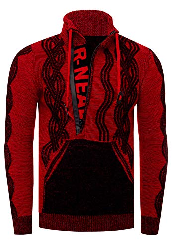 Rusty Neal Stehkragen Herren Pullover im Auffälligem Kontrast Design Strickpullover mit Plakativem Front Logo Reißverschluss 360, Farbe:Schwarz/Rot, Größe S-3XL:XL von Rusty Neal