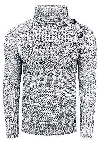 Rusty Neal Stehkragen Strick Pullover Knopfleiste im Kontrast Hoodie Design Slim Fit 338, Farbe:Weiß, Größe S-XXL:XL von Rusty Neal