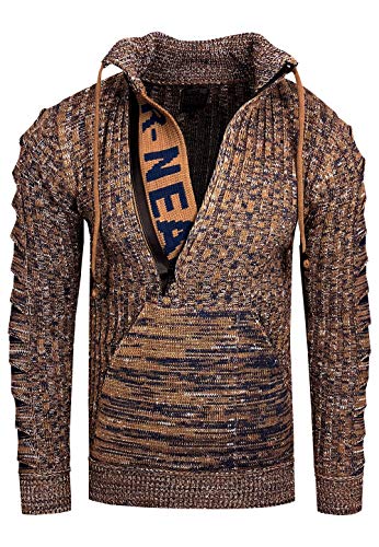 Rusty Neal Strick Pullover Herren Stehkragen Winterpullover im Asymmetrischem Design Zipper mit Logo Schriftzug 328, Größe S-6XL:2XL, Farbe:Braun von Rusty Neal