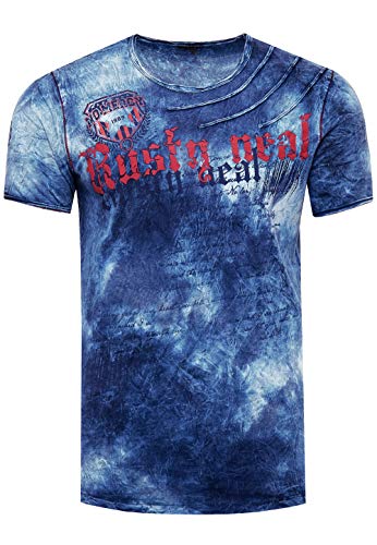 Rusty Neal T-Shirt Color Tie Dye Verwaschen in Batik-Optik Herren-Shirt mit Plakativen Front Print S M L XL XXL 3XL (Übergröße) Casual Fit Streetwear 156-1, Farbe:Blau, Größe S-3XL:M von Rusty Neal