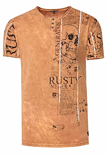 Rusty Neal T-Shirt Herren S - 3XL Kurzarm Rundhals Henley-Knopfleiste Seitliche Front Prints Tshirt Verwaschen 294, Farbe:Camel, Größe S-3XL:S von Rusty Neal