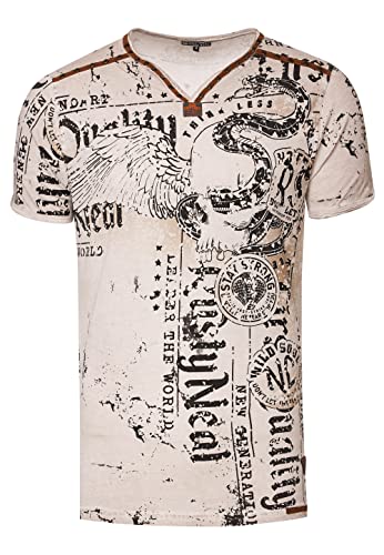 Rusty Neal T-Shirt Herren S M L XL XXL 3XL Wildlederband mit Zier-Nieten V-Neck Verwaschen Used-Look Regular Fit Skull X Wings X Snake Print 297, Farbe:Stone, Größe S-3XL:M von Rusty Neal