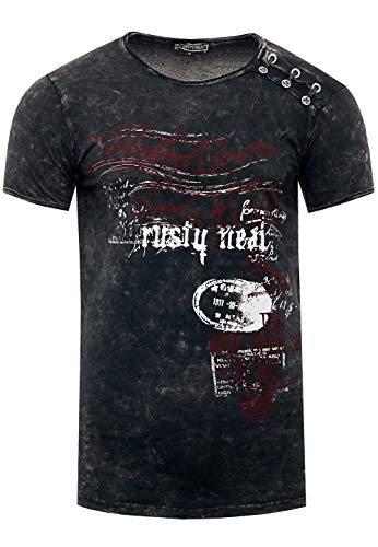 Rusty Neal T-Shirt Herren-Shirt mit Seitlicher Knopfleiste Rundhals Kurzarm Stretch Verwaschen Printed Oil-Washed 194, Farbe:Anthrazit, Größe S-3XL:3XL von Rusty Neal