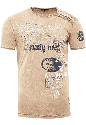 Rusty Neal T-Shirt Herren-Shirt mit Seitlicher Knopfleiste Rundhals Kurzarm Stretch Verwaschen Printed Oil-Washed 194, Farbe:Camel, Größe S-3XL:L von Rusty Neal