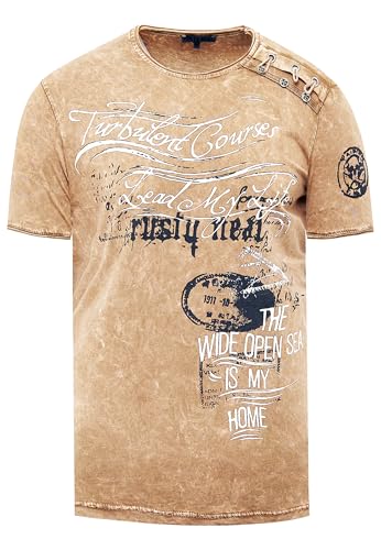 Rusty Neal T-Shirt Herren-Shirt mit Seitlicher Knopfleiste Rundhals Kurzarm Stretch Verwaschen Printed Oil-Washed 194, Farbe:Camel, Größe:L von Rusty Neal
