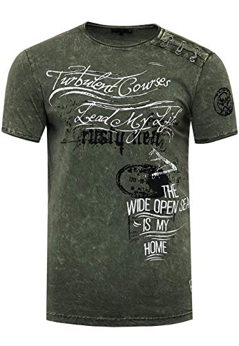 Rusty Neal T-Shirt Herren-Shirt mit Seitlicher Knopfleiste Rundhals Kurzarm Stretch Verwaschen Printed Oil-Washed 194, Farbe:Khaki, Größe S-3XL:3XL von Rusty Neal