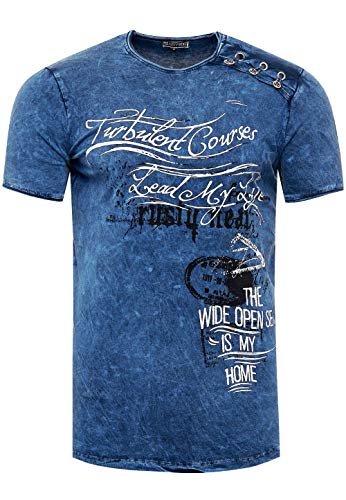 Rusty Neal T-Shirt Herren-Shirt mit Seitlicher Knopfleiste Rundhals Kurzarm Stretch Verwaschen Printed Oil-Washed 194, Farbe:Marine, Größe S-3XL:3XL von Rusty Neal