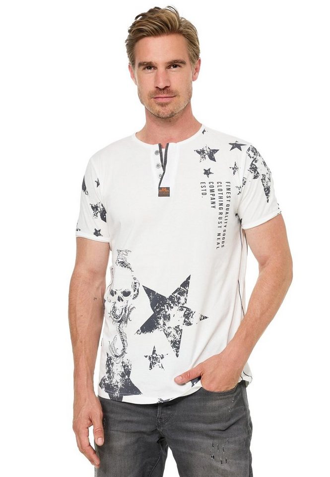 Rusty Neal T-Shirt mit Skull-Print und Knopleiste von Rusty Neal