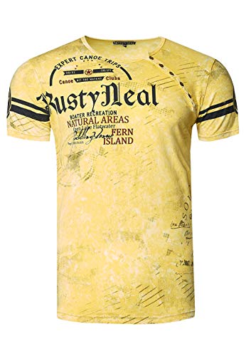 T-Shirt Herren Front Logo Print Verwaschen in Sommer Farben Knopfleiste Rundhals Petrol 245, Farbe:Gelb, Größe:L T-Shirt Herren Front Logo Print Verwaschen in Sommer Farben Knopfleiste Rundhals Petrol 245, Farbe:Gelb, Größe:L von Rusty Neal