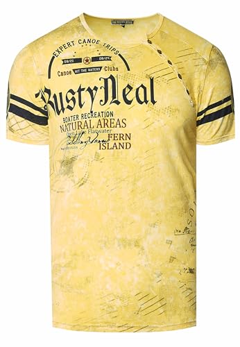 T-Shirt Herren Front Logo Print Verwaschen in Sommer Farben Knopfleiste Rundhals Petrol 245, Farbe:Gelb, Größe:L von Rusty Neal
