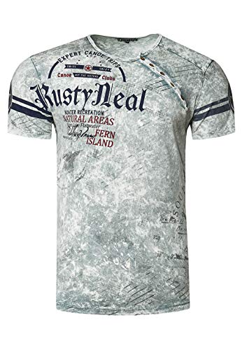 T-Shirt Herren Front Logo Print Verwaschen in Sommer Farben Knopfleiste Rundhals Petrol 245, Farbe:Grau, Größe S-3XL:L von Rusty Neal