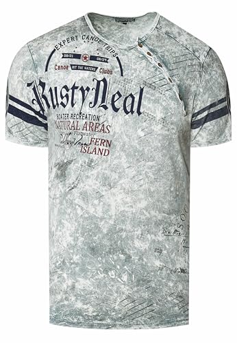 T-Shirt Herren Front Logo Print Verwaschen in Sommer Farben Knopfleiste Rundhals Petrol 245, Farbe:Grau, Größe:M von Rusty Neal