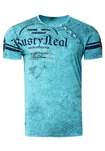 T-Shirt Herren Front Logo Print Verwaschen in Sommer Farben Knopfleiste Rundhals Petrol 245, Farbe:Petrol, Größe S-3XL:3XL von Rusty Neal