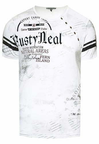 T-Shirt Herren Front Logo Print Verwaschen in Sommer Farben Knopfleiste Rundhals Petrol 245, Farbe:Weiß, Größe:S von Rusty Neal