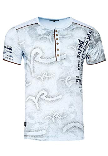 T-Shirt Herren Knopfleiste Kurzarm Rundhals Tshirt All Over Printed Light Washed Regular Fit 246, Größe S-3XL:L, Farbe:Hell Blau von Rusty Neal