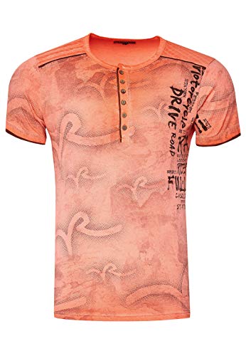 T-Shirt Herren Knopfleiste Kurzarm Rundhals Tshirt All Over Printed Light Washed Regular Fit 246, Größe S-3XL:L, Farbe:Orange von Rusty Neal