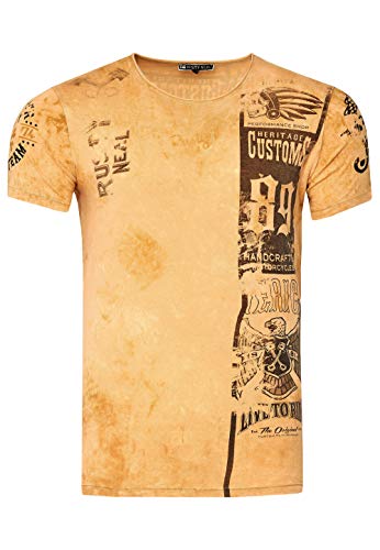 T-Shirt Herren Kurzarm Rundhals T Shirt für Männer Front & Back Print Regular Fit Washed Tshirt 234, Farbe:Camel, Größe S-3XL:3XL von Rusty Neal